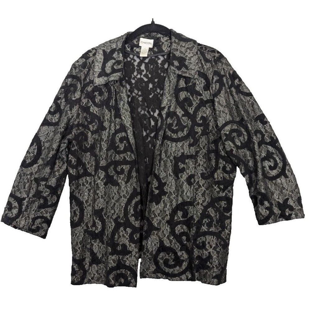 Chicos‎ Jacket Womens Size 2/L Black Lace Sheer Mature Career Office Whimsygoth